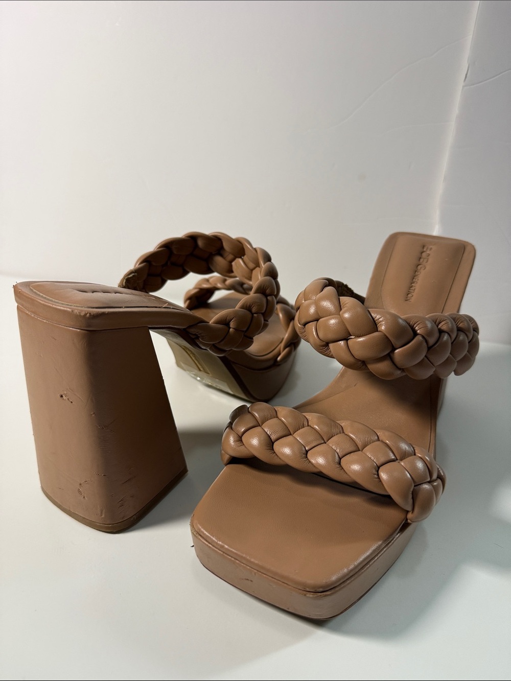 BCBGeneration Braided Double-Strap Block Heels in Camel
